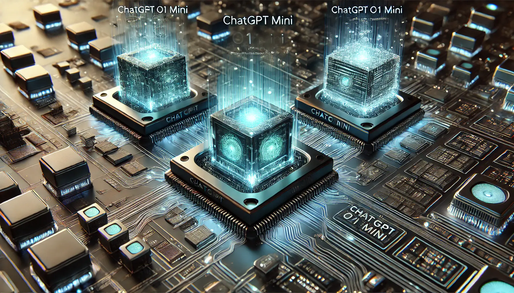 A high-tech digital scene comparing ChatGPT o1 Mini with its competitors, with glowing processors and data streams highlighting their differences.