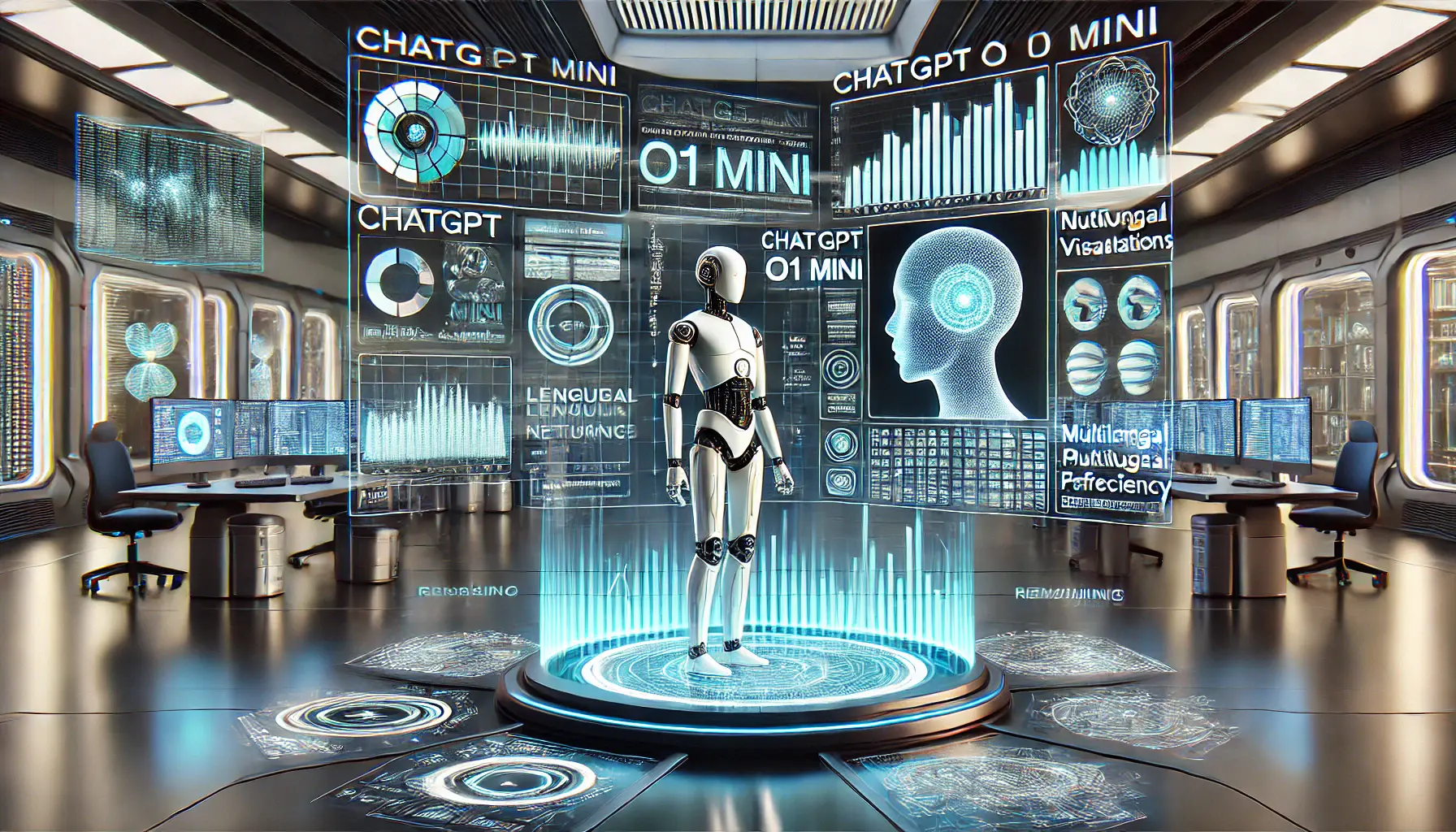 A futuristic AI research environment showcasing a side-by-side comparison of ChatGPT o1 Mini with earlier AI models, featuring neural network visualizations and performance metrics.