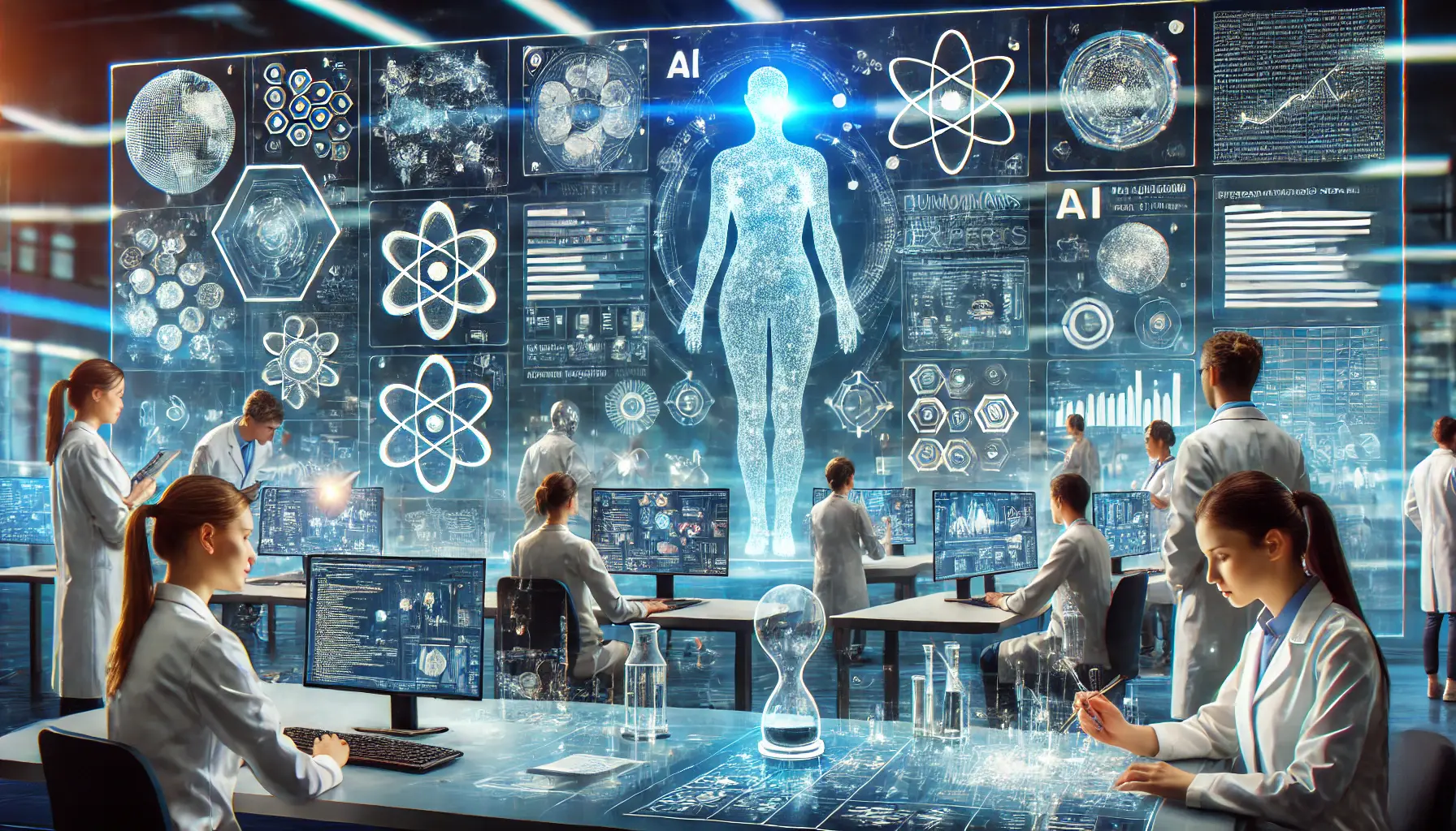 A futuristic AI system working alongside human experts in various fields.