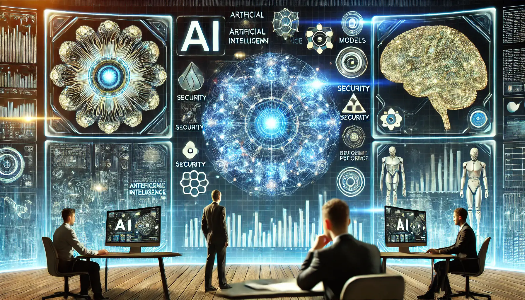 A futuristic AI comparison interface displaying multiple artificial intelligence models with different security and performance metrics.