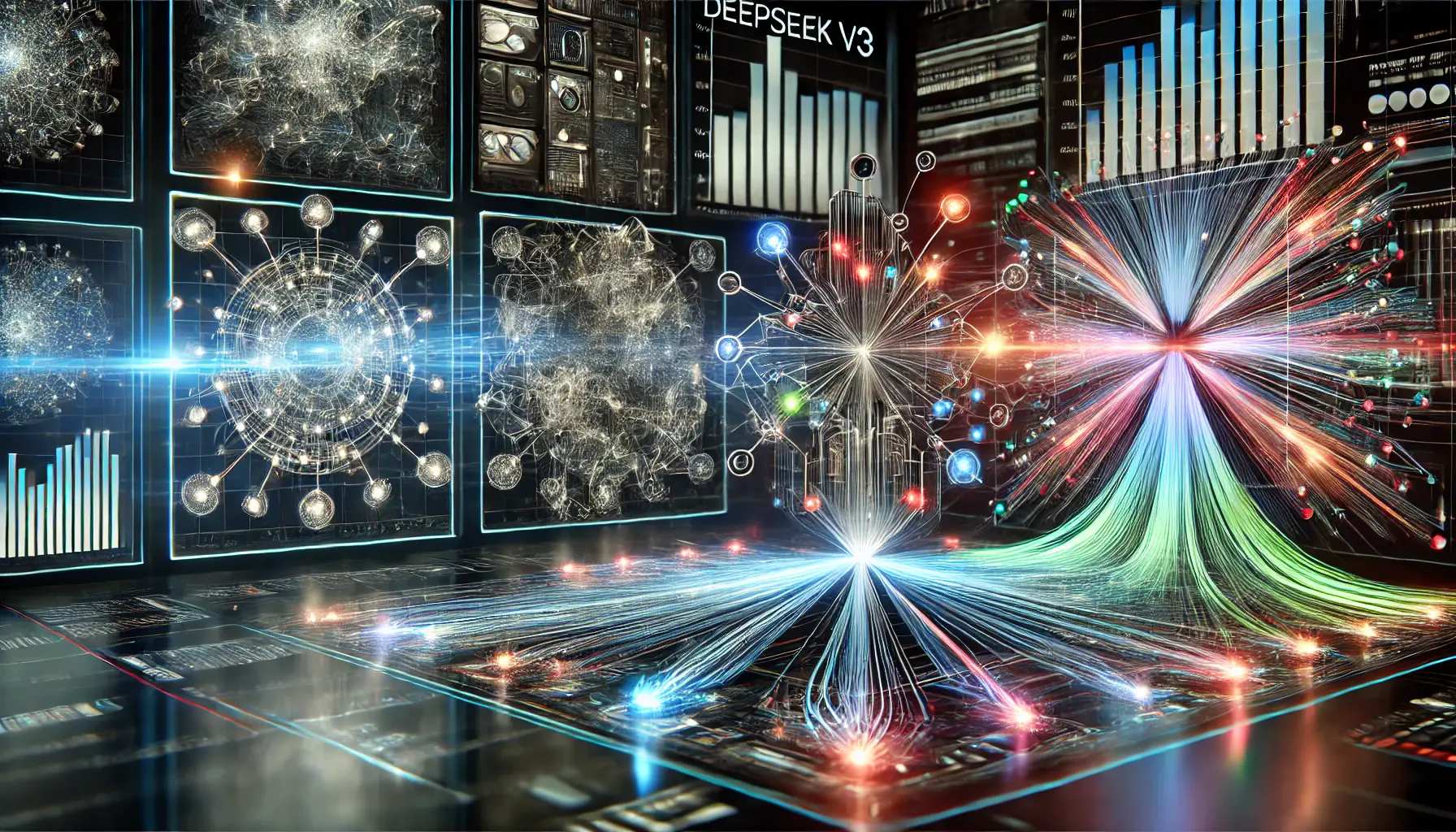 A futuristic AI comparison showing multiple neural networks representing different AI models, with data flows highlighting performance differences.