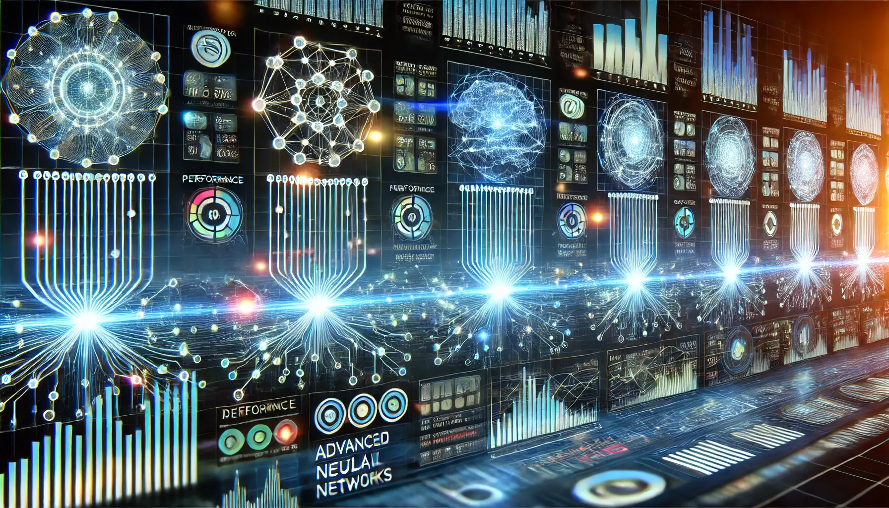 Multiple advanced neural networks representing different AI models, connected in parallel with glowing data streams flowing between them to symbolize their comparison.