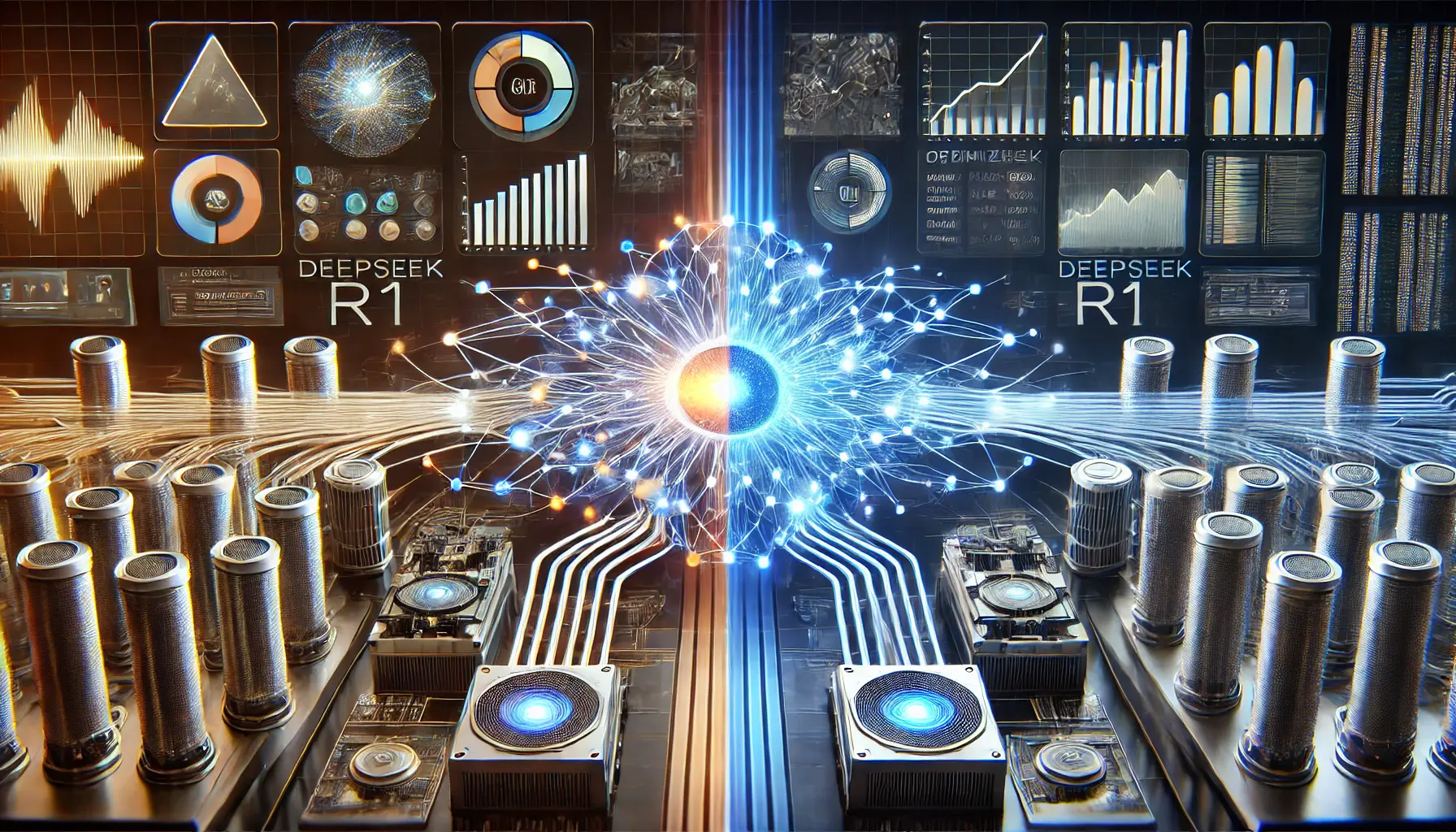 A high-tech visualization comparing traditional AI systems with DeepSeek R1, showcasing the contrast in performance and resource utilization, with one system being resource-intensive and the other optimized and cost-efficient.