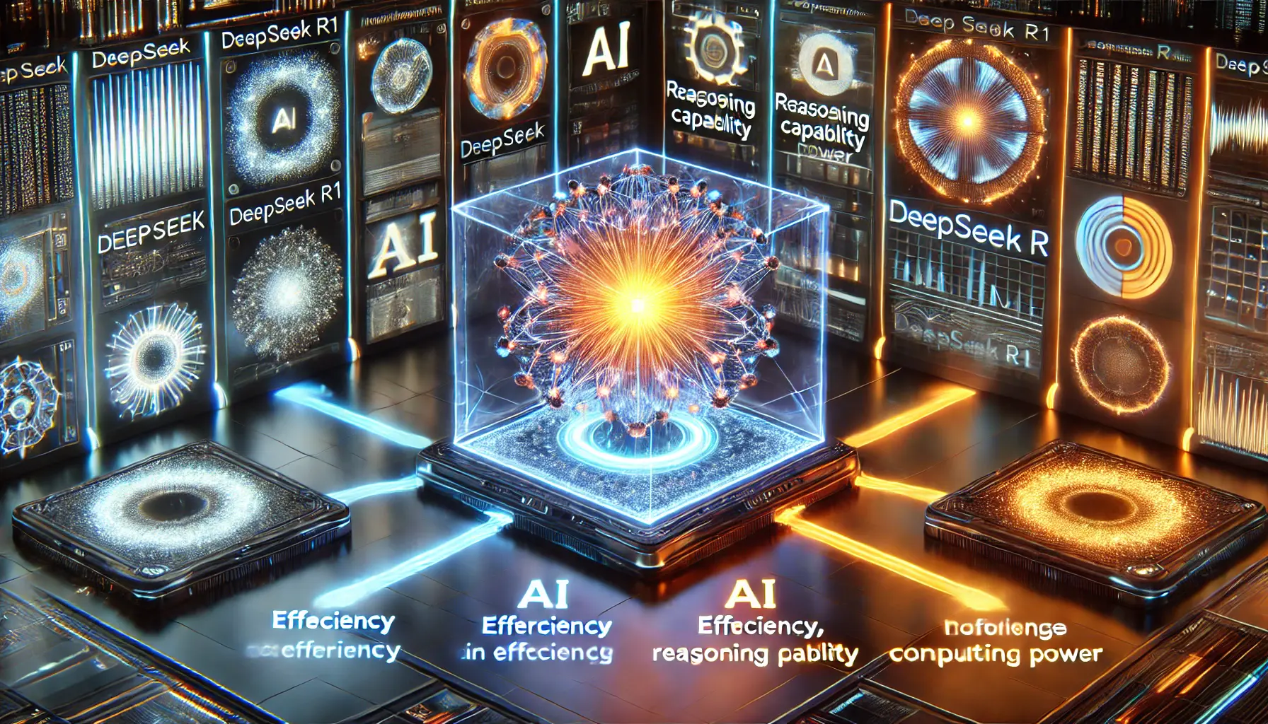 A futuristic AI comparison visualization showcasing multiple AI cores, each with interconnected data streams, highlighting differences in efficiency, reasoning, and computational power. The central AI model, representing DeepSeek R1, appears more advanced with a glowing core.