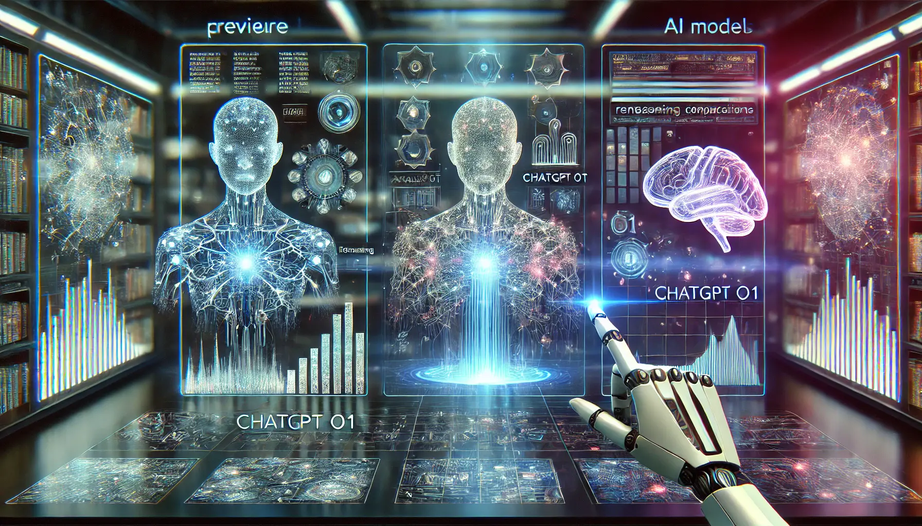 A futuristic AI interface comparing two models side by side, with one displaying advanced neural networks and deeper connections.