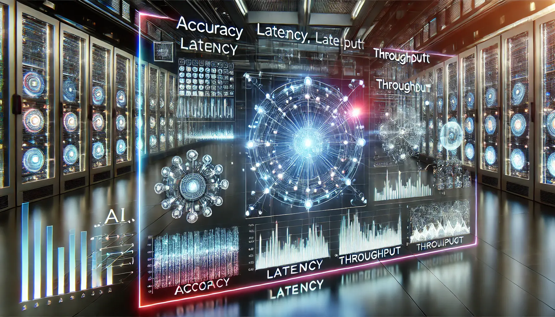 A futuristic digital interface comparing multiple AI models in terms of performance metrics like accuracy, latency, and throughput.