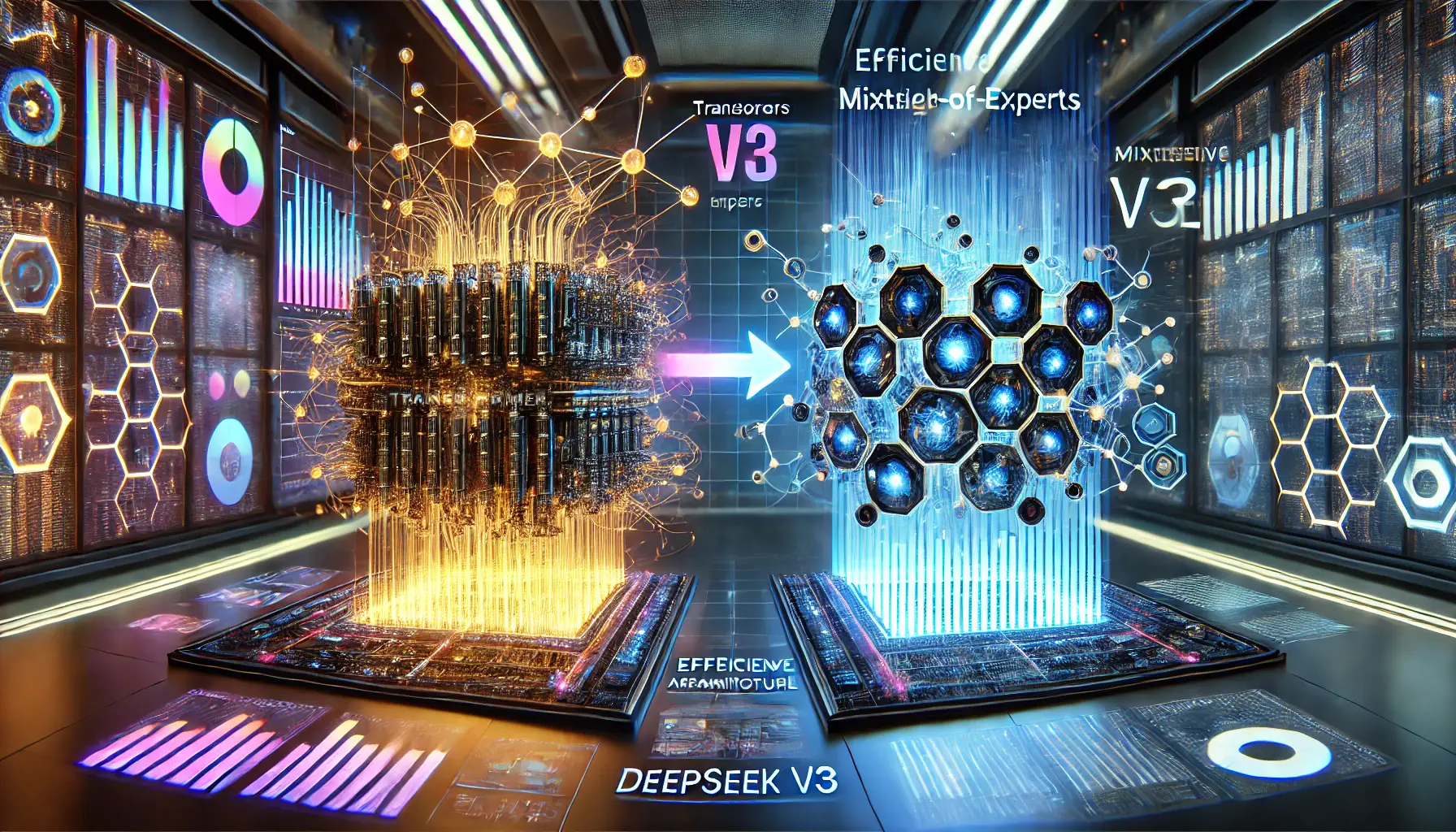 A futuristic comparison of Transformer architecture and Mixture-of-Experts (MoE) architecture, showcasing their structural differences.