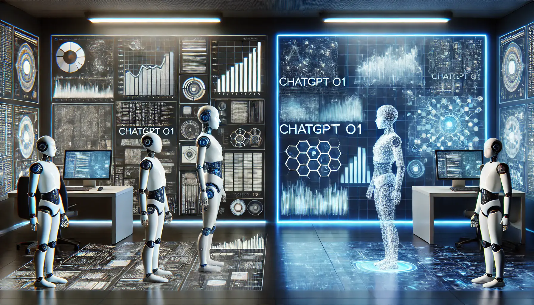 A high-tech AI lab showing side-by-side representations of an older AI model and ChatGPT o1, with ChatGPT o1 featuring advanced neural networks and data visualizations.