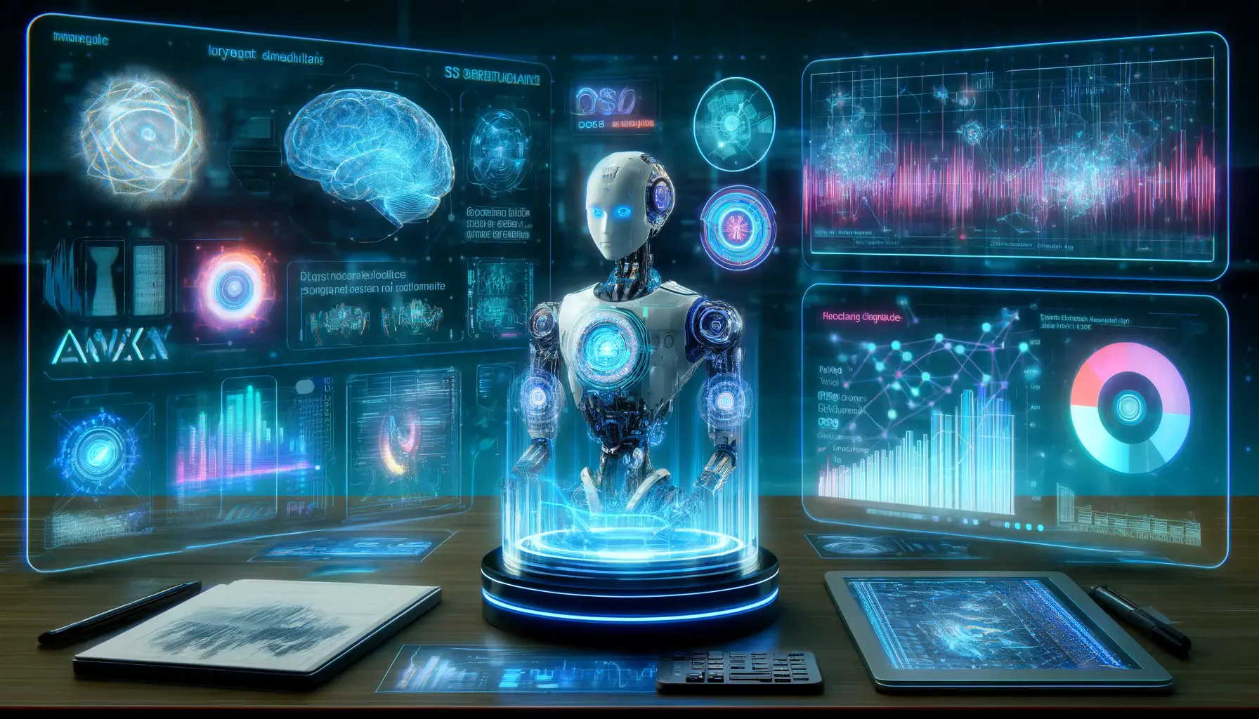 A futuristic AI comparison interface showcasing ChatGPT o1 Mini alongside other AI models, with a holographic dashboard displaying performance metrics like speed, cost efficiency, and reasoning ability.