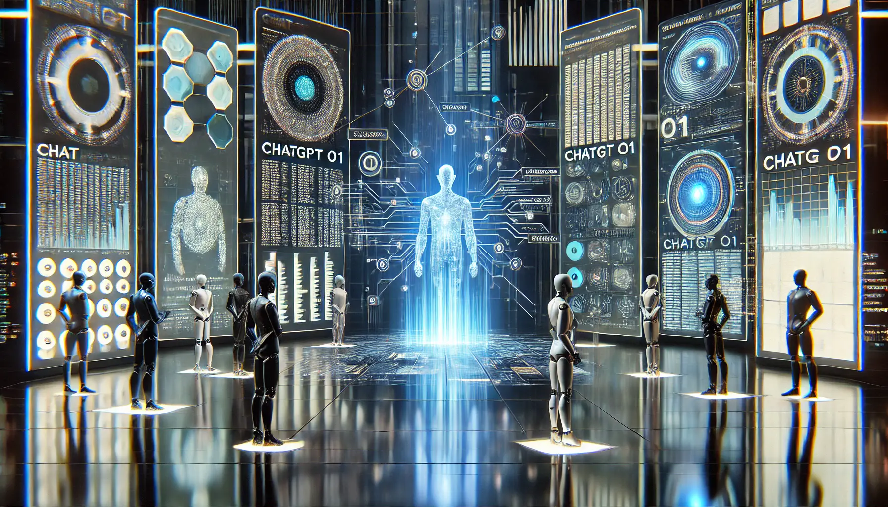 A futuristic comparison of multiple AI models interacting with linguistic data, highlighting differences in processing power and efficiency.