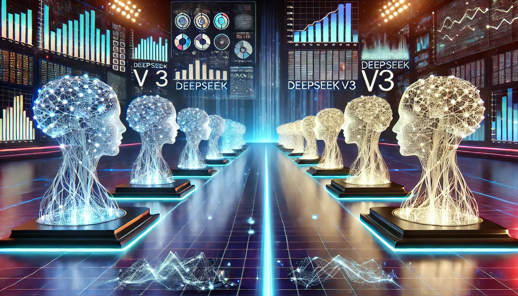 A futuristic visualization of multiple AI models represented as glowing neural networks in a high-tech digital arena, symbolizing the competitive landscape in AI.