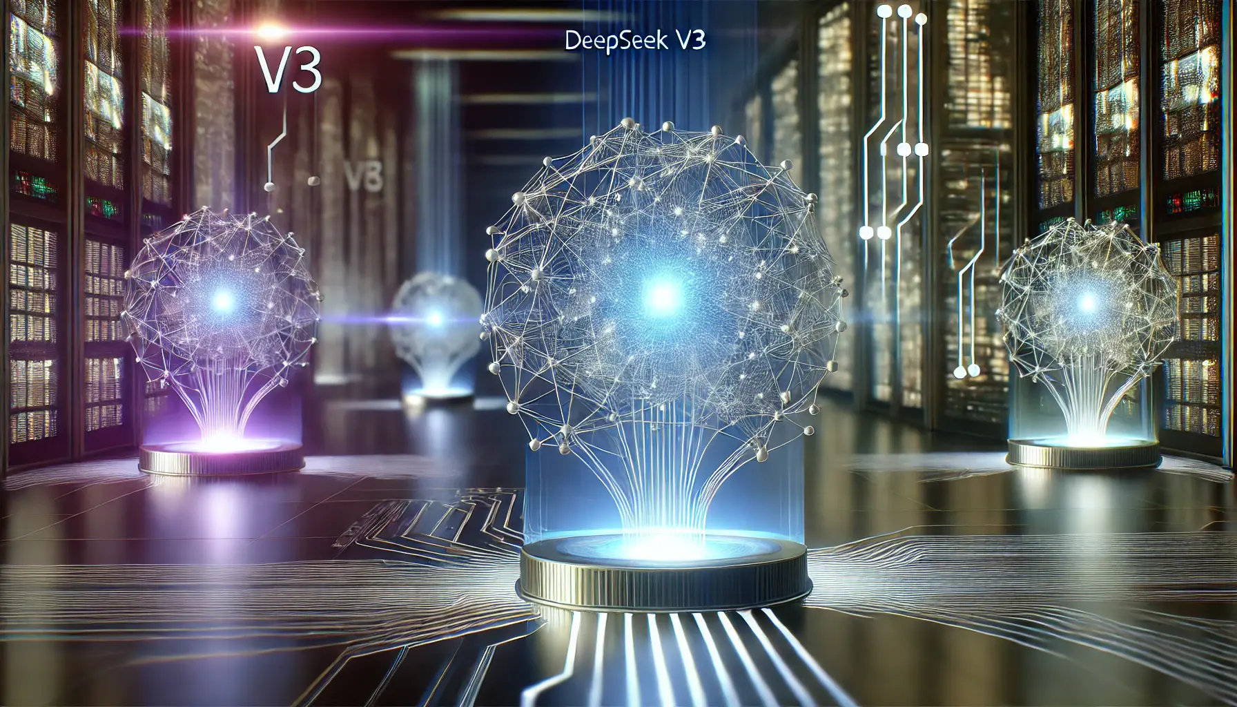 A futuristic digital environment showing DeepSeek v3 with a glowing neural network in the forefront, highlighting its competitive edge over other AI models.