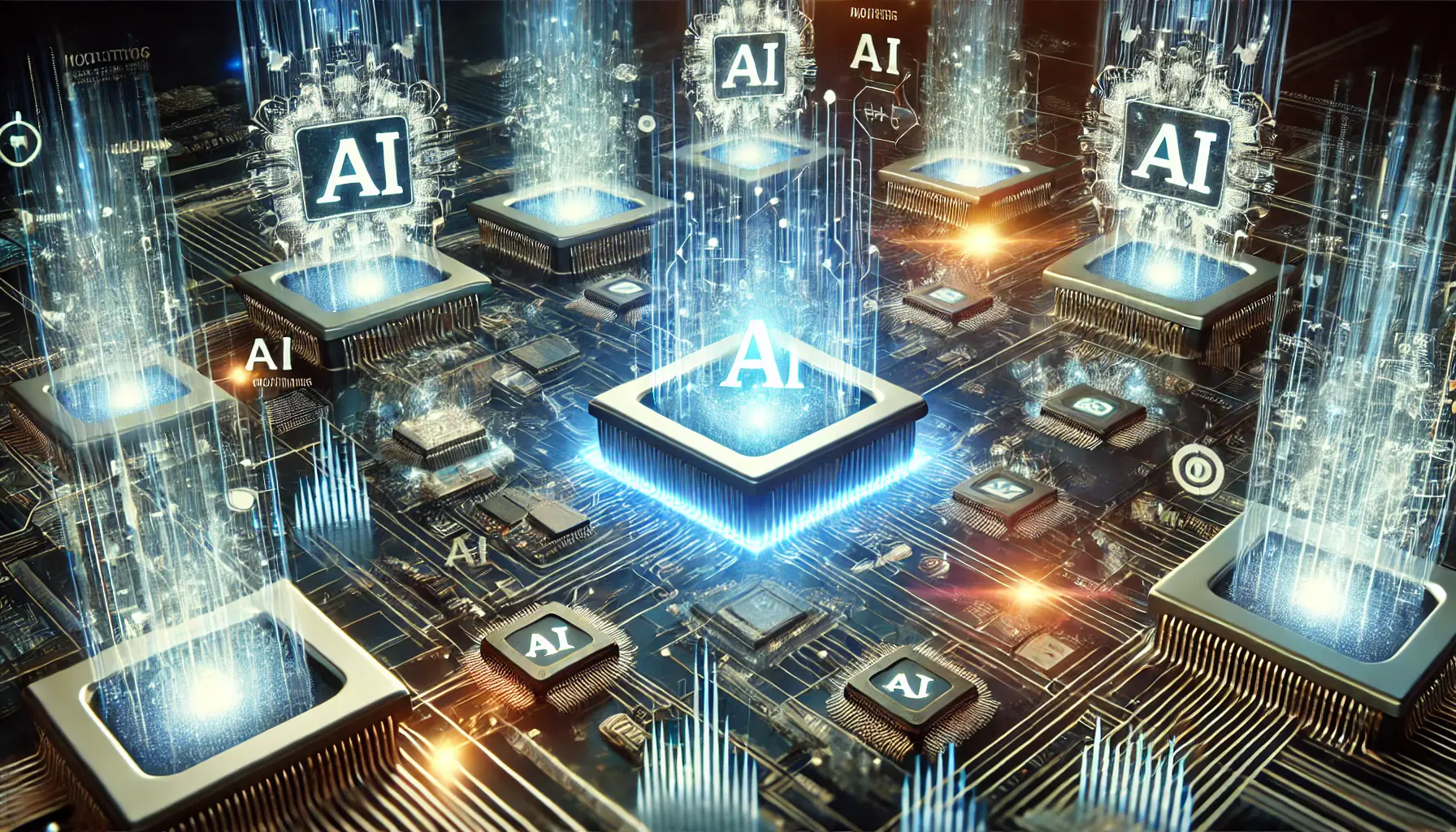 A high-tech digital scene depicting multiple AI models in a competitive market, with glowing processors and data streams representing their strengths.