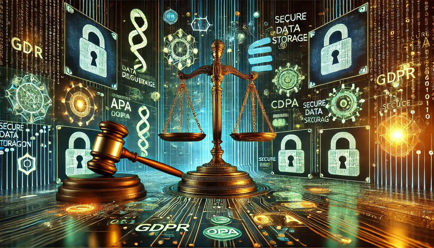 A digital concept featuring legal symbols like scales of justice and a gavel, surrounded by secure data storage and encryption patterns, representing compliance and data protection regulations.