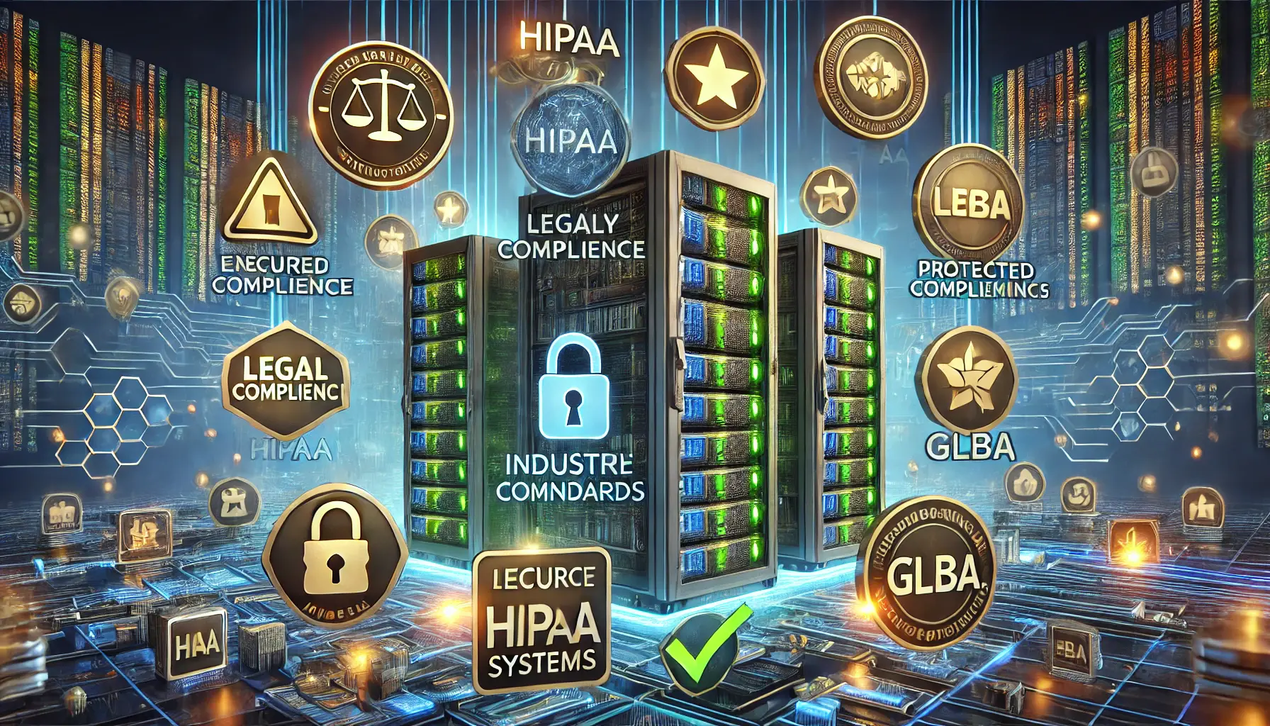 A digital concept featuring secure servers with glowing certification icons, encrypted data flows, and legal compliance symbols, representing industry standards adherence.