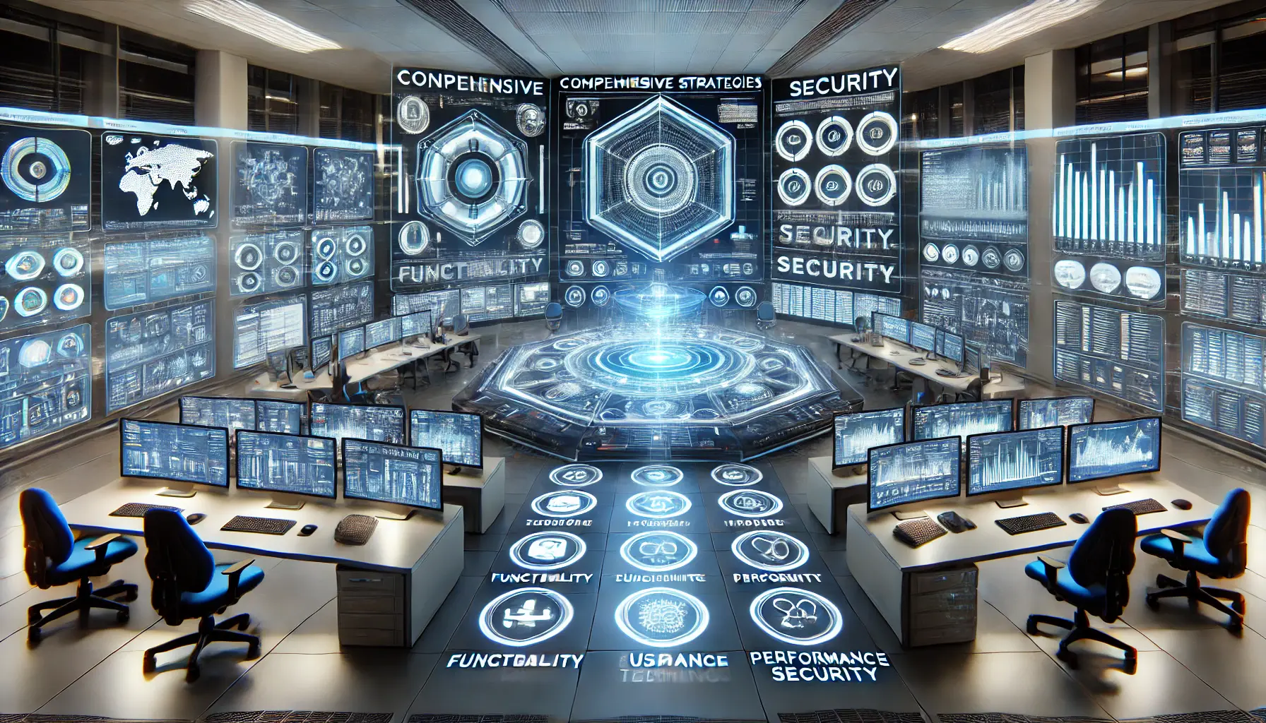 A high-tech environment showing the process of comprehensive AI testing strategies, with holographic monitors displaying various testing results.