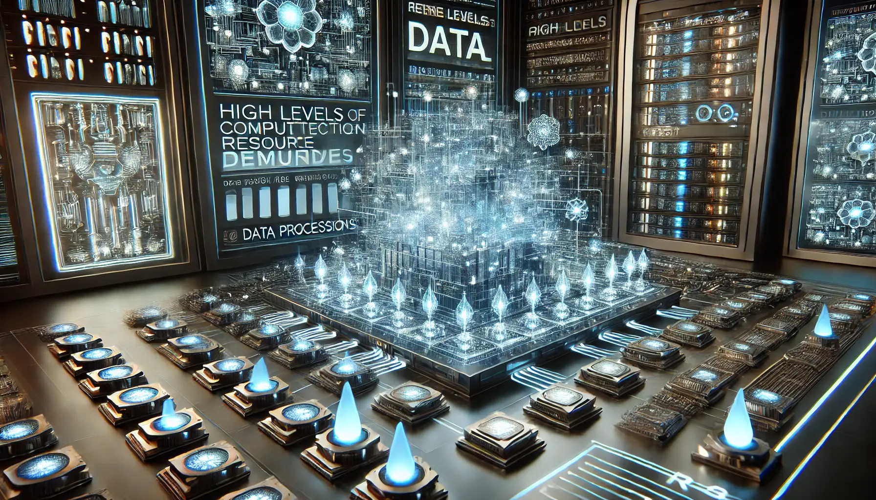 A high-tech digital environment showing the computational resource demands of an AI system, with glowing data nodes and power flows.