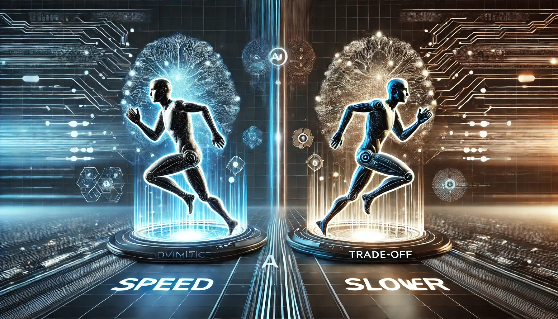 A conceptual image illustrating the advantages and limitations of AI systems, featuring contrasting AI models optimized for speed and complexity in a futuristic digital environment.