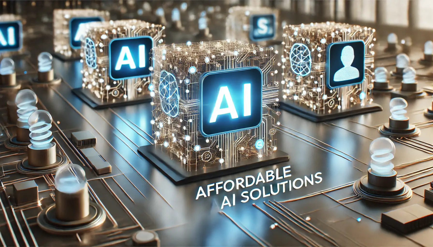 A conceptual image symbolizing affordable AI solutions, featuring a futuristic digital environment with interconnected AI nodes and energy-efficient models.