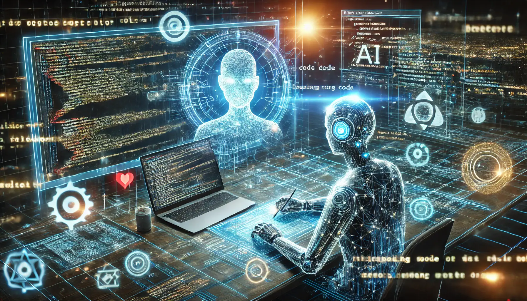 A conceptual image depicting AI assisting a developer in coding, with glowing code snippets and holographic data streams in a futuristic workspace.