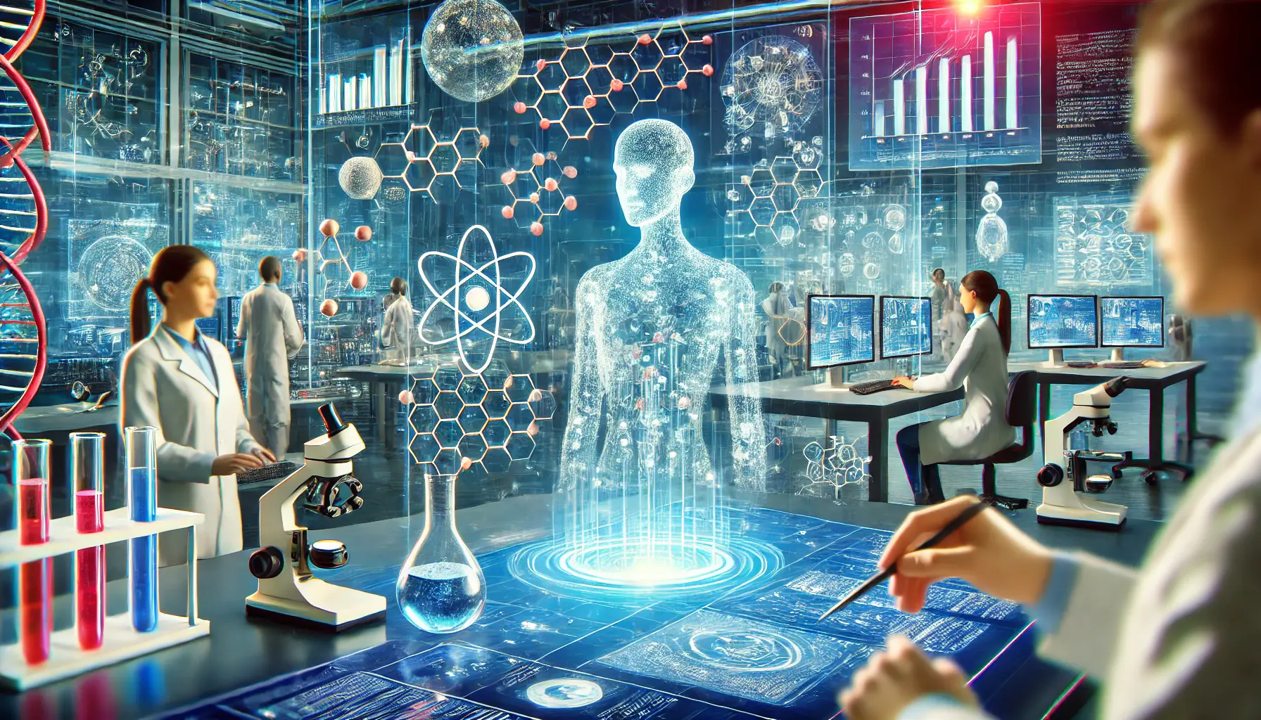 A conceptual image depicting AI assisting researchers in analyzing scientific data, with holographic data visualizations and molecular structures in a high-tech research environment.