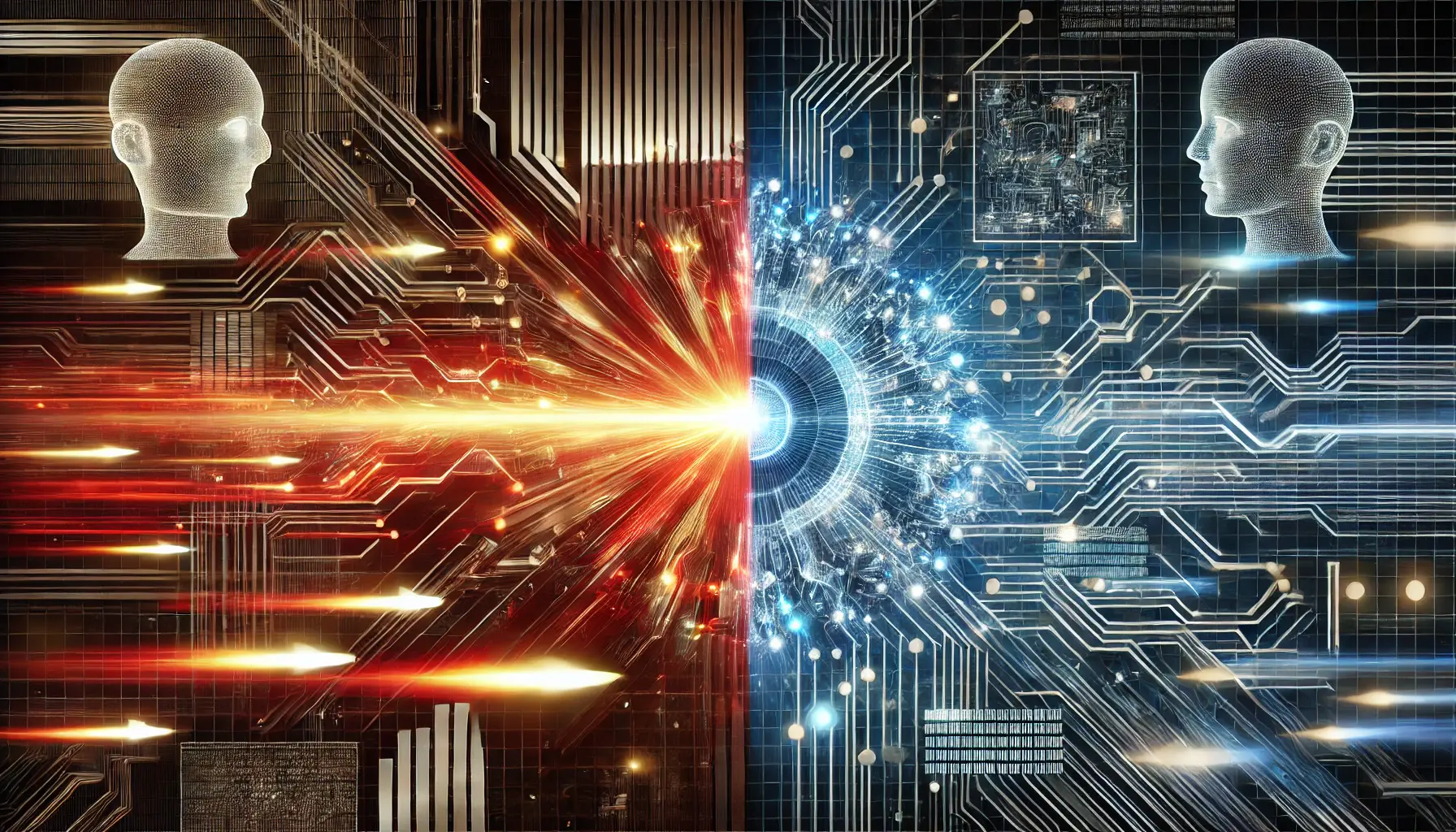 A conceptual image depicting two distinct AI systems, one optimized for speed and efficiency and the other more powerful but slower, with glowing data streams and complex data patterns.