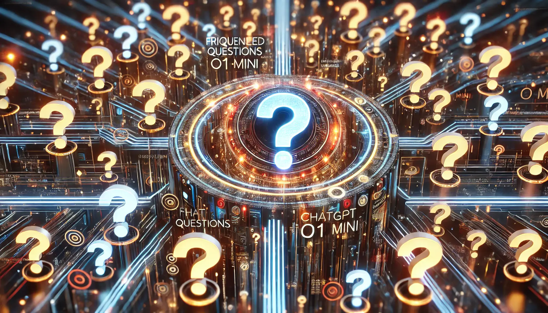 A conceptual image representing frequently asked questions about ChatGPT o1 mini, featuring digital question marks and glowing data streams surrounding an advanced AI system.