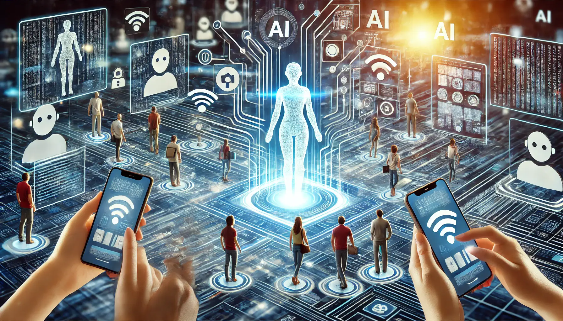 A conceptual image depicting increased accessibility of AI, with devices such as smartphones, laptops, and tablets interacting with intuitive AI interfaces.