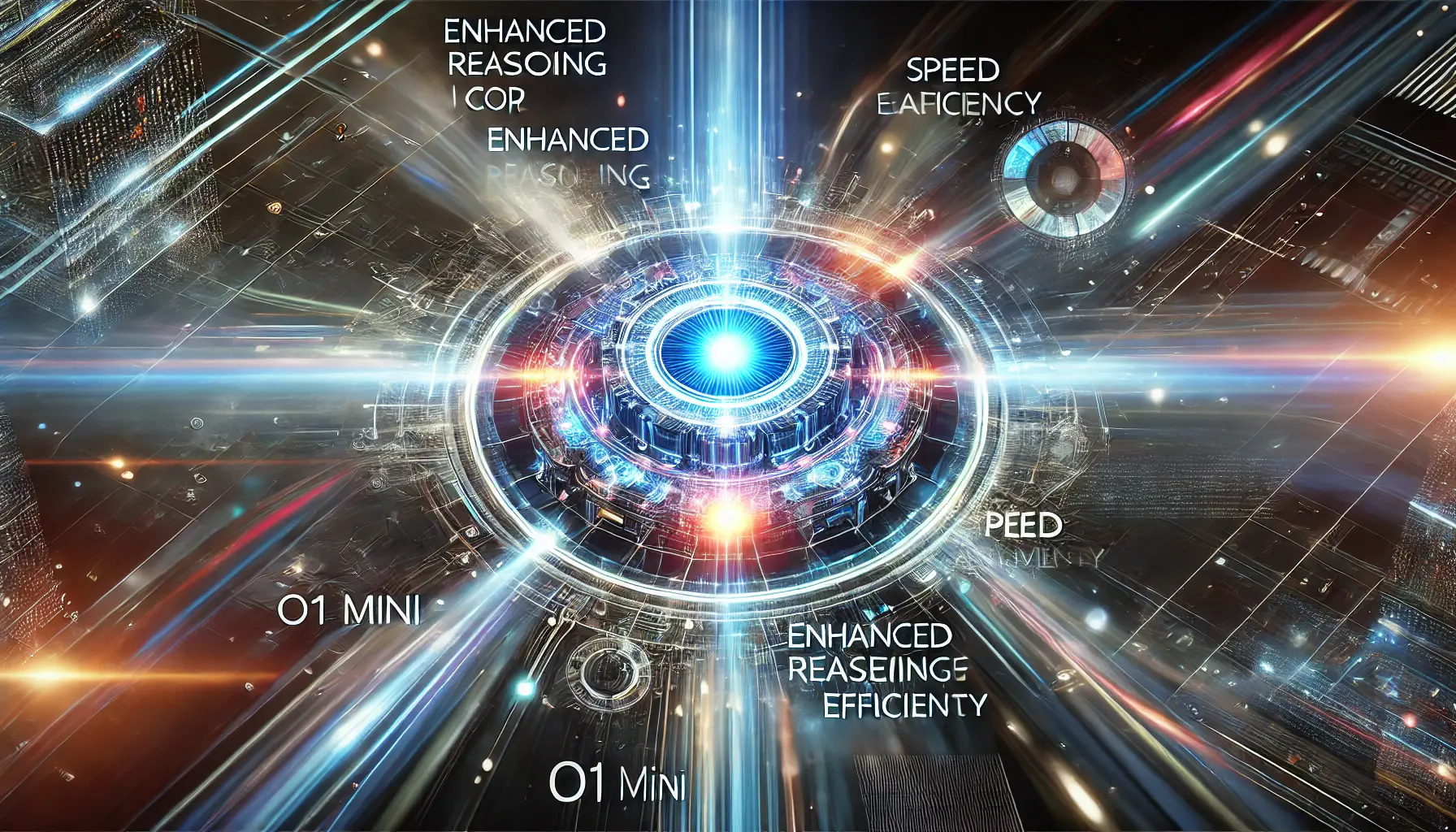 A conceptual image representing the key takeaways from ChatGPT o1 mini, with a glowing AI core surrounded by dynamic data flows and holographic elements.