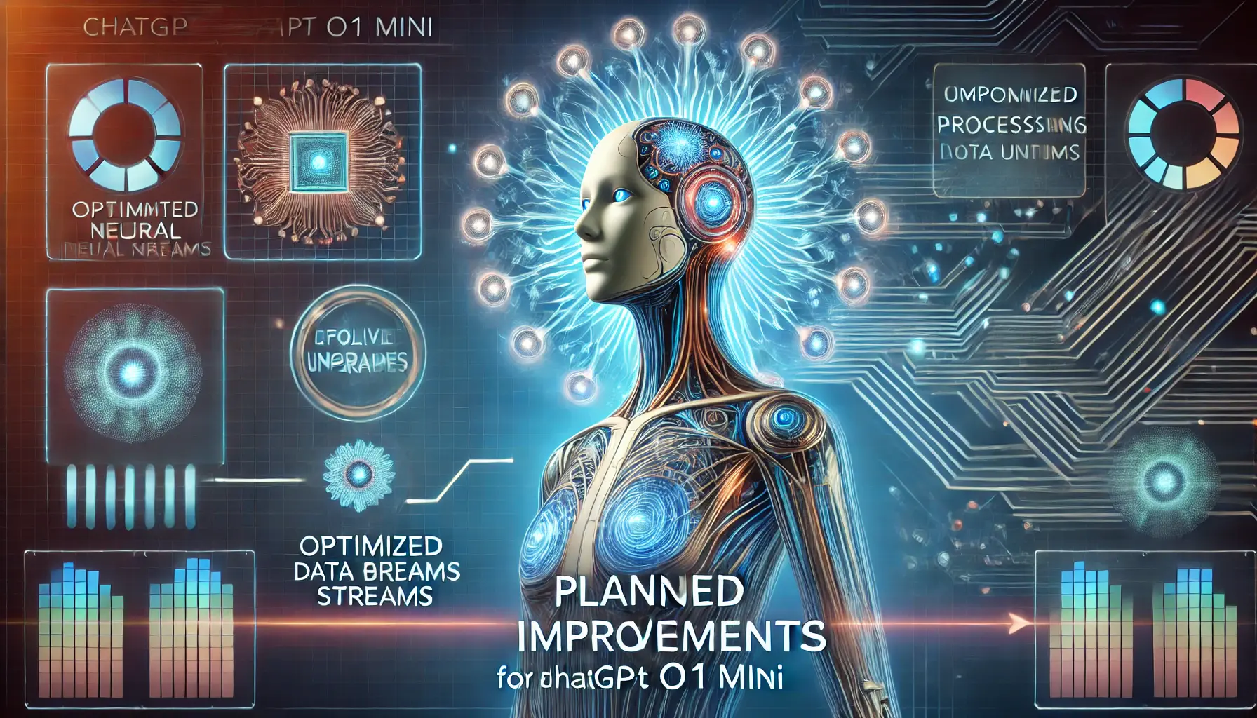 A conceptual image representing planned improvements for ChatGPT o1 mini, featuring evolving neural networks and advanced holographic interfaces symbolizing continuous AI enhancement.