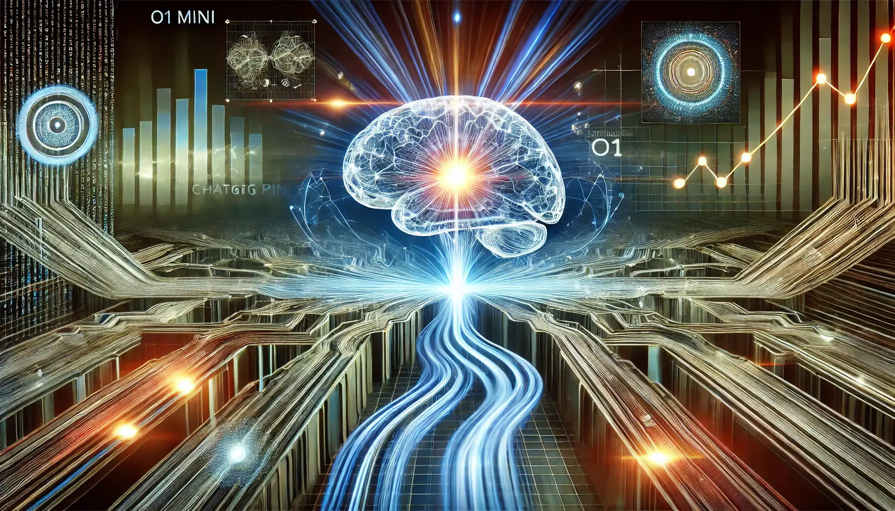 A conceptual image depicting the evolution of ChatGPT o1 mini, with a glowing neural core surrounded by dynamic data streams symbolizing continuous growth and improvement.