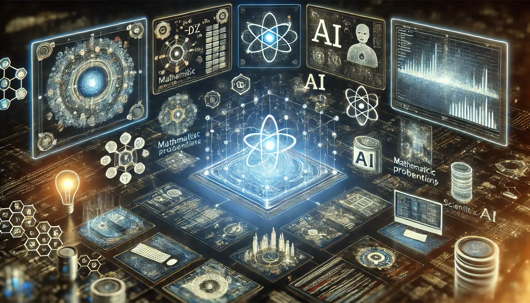 A conceptual image depicting AI in various use case scenarios, including coding, mathematical problem-solving, and scientific research, with holographic representations and glowing data streams.