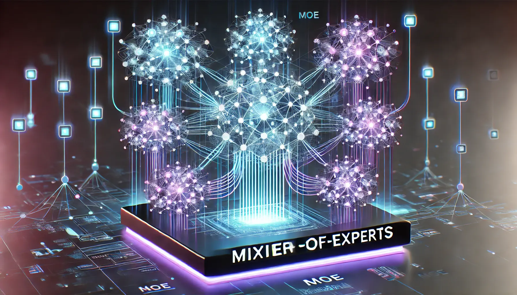 A futuristic digital visualization of the Mixture-of-Experts (MoE) framework, depicting interconnected AI models routing information through glowing neural pathways with distinct clusters of nodes.