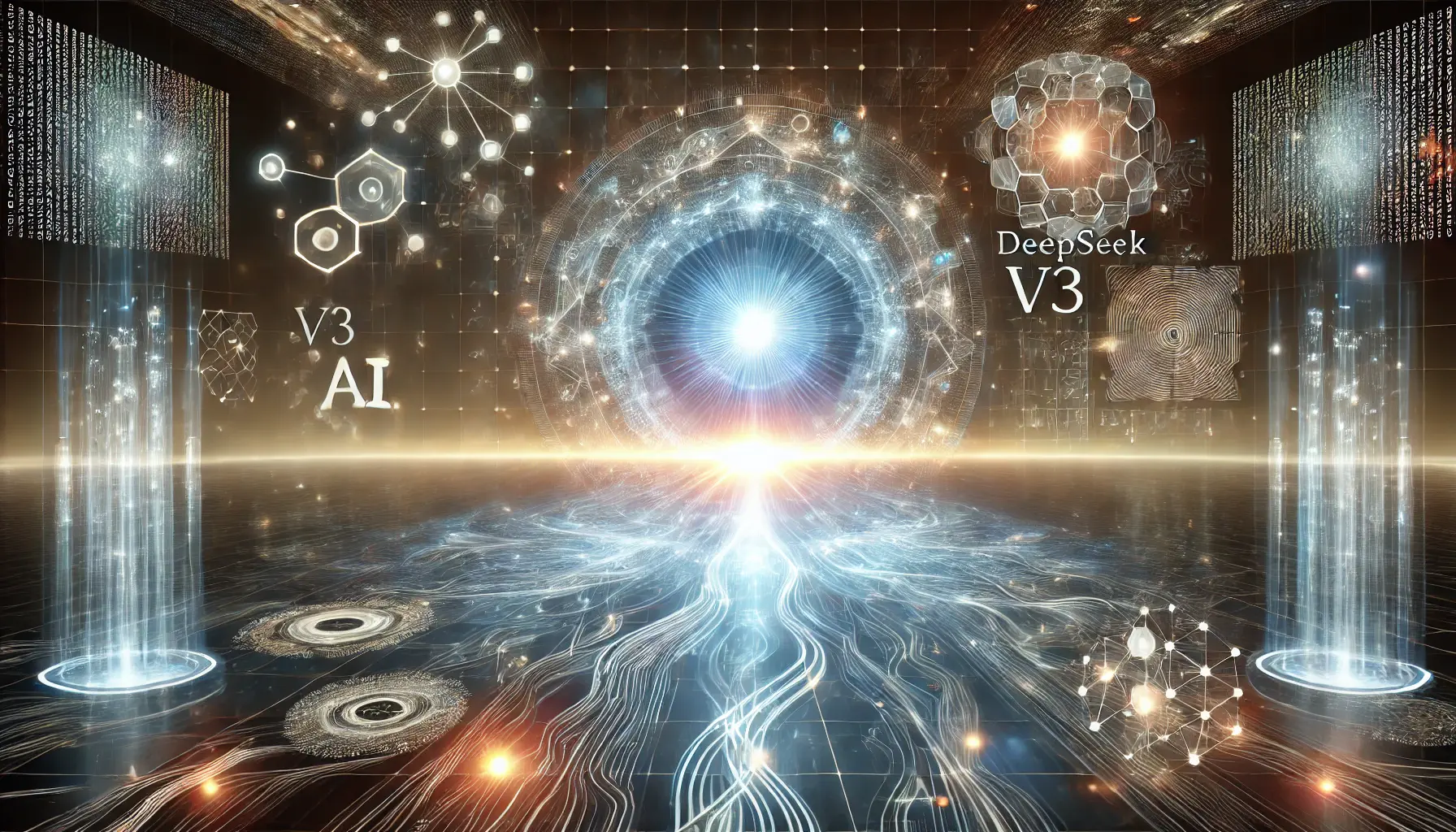 A futuristic visualization symbolizing the conclusion of an AI analysis, featuring a glowing AI model surrounded by data streams and neural networks.