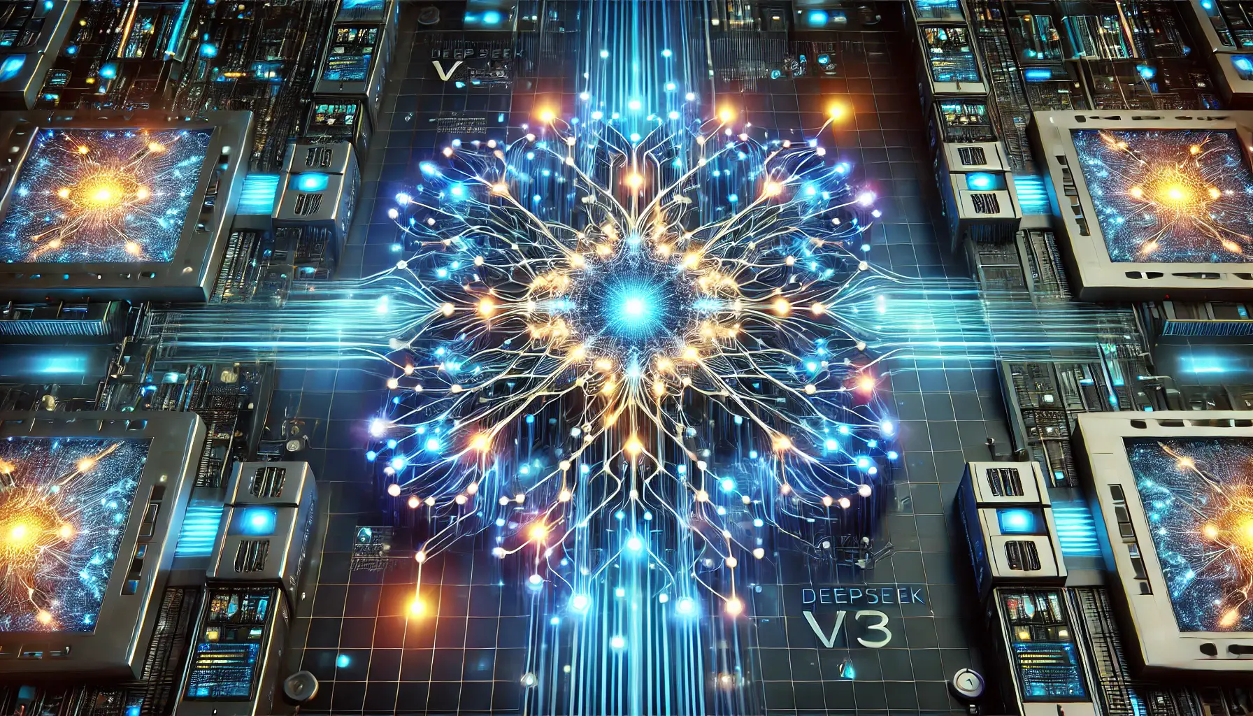 A high-tech visualization symbolizing the conclusion of DeepSeek v3’s journey, showing a fully integrated neural network with glowing nodes and energy pathways.