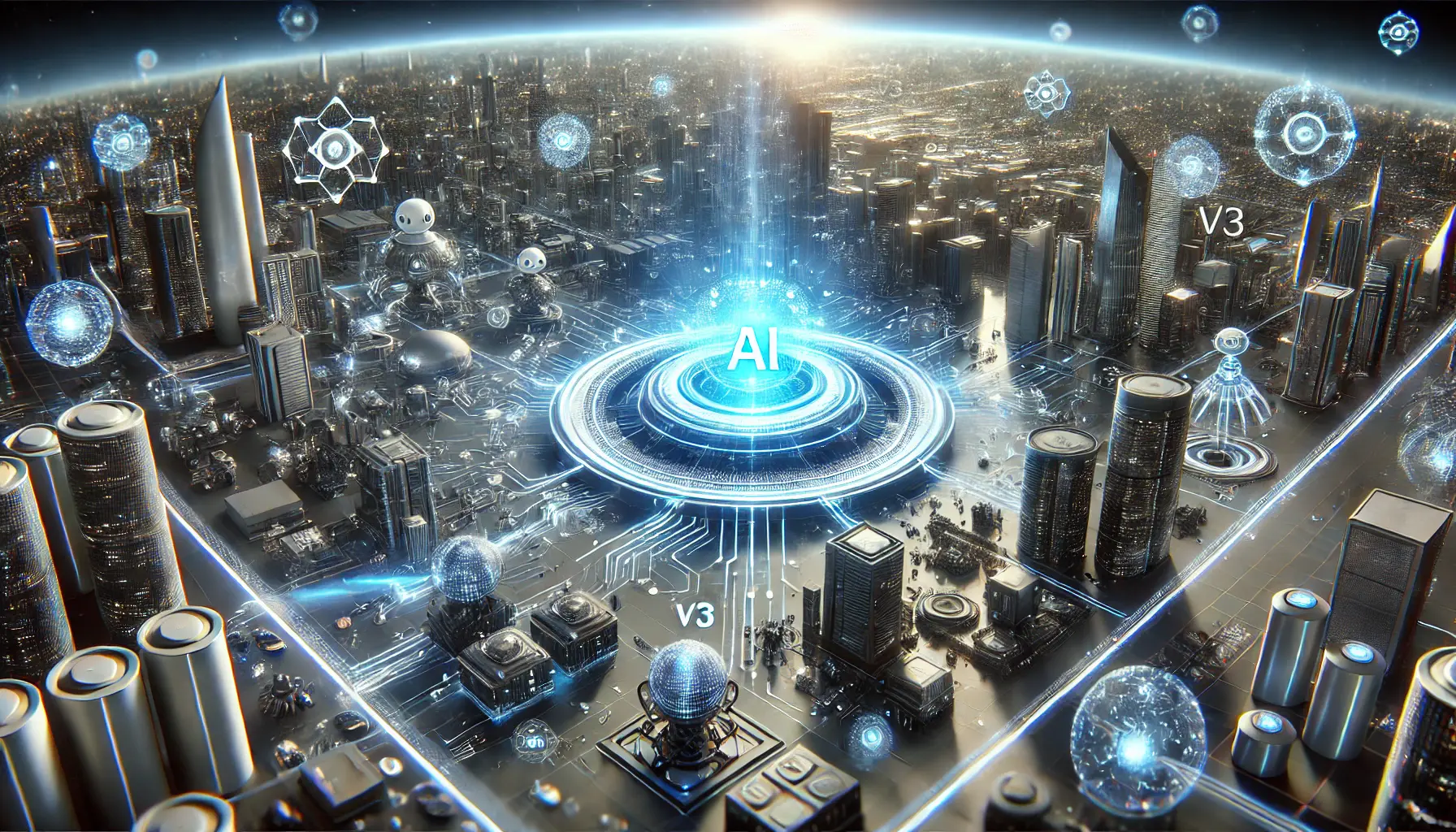 Futuristic AI-powered cityscape with interconnected intelligent systems, autonomous machines, and a central glowing AI core symbolizing innovation.