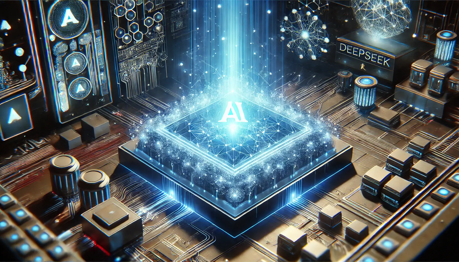 A high-tech AI interface symbolizing the conclusion of DeepSeek R1’s impact, with glowing interconnected neural networks and futuristic elements.