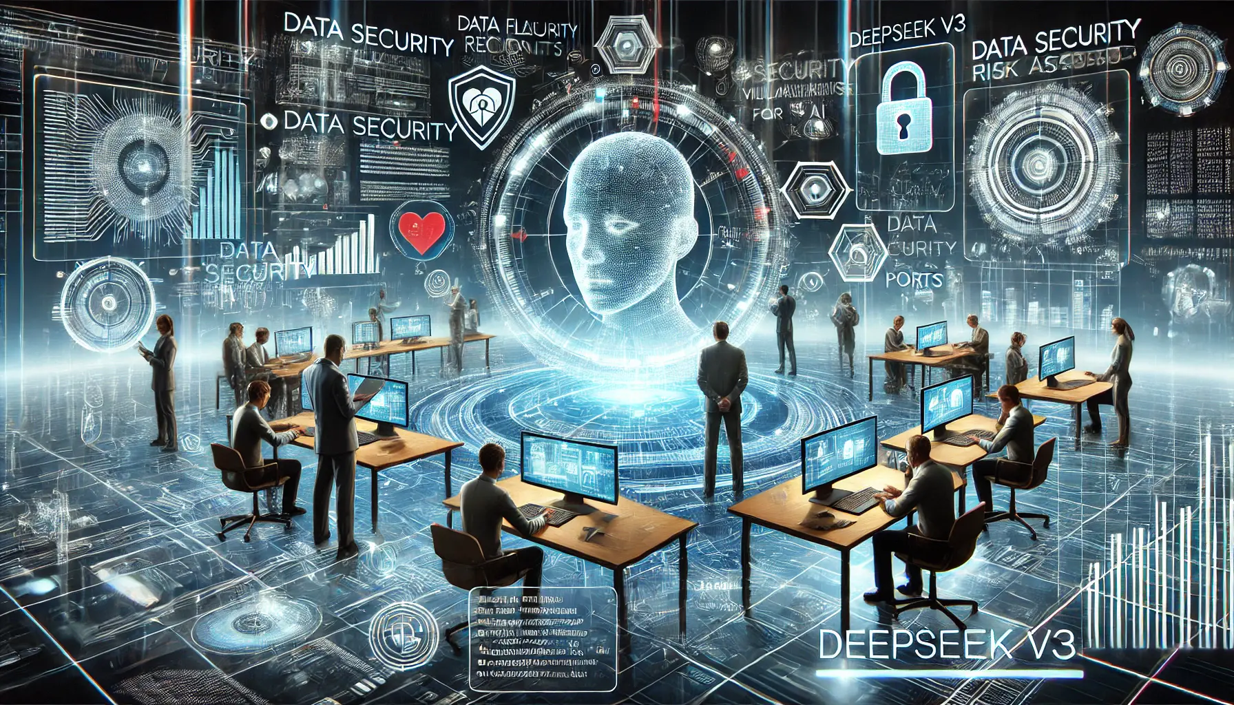 Professionals conducting a risk assessment for AI systems using holographic interfaces, data security reports, and analysis tools.