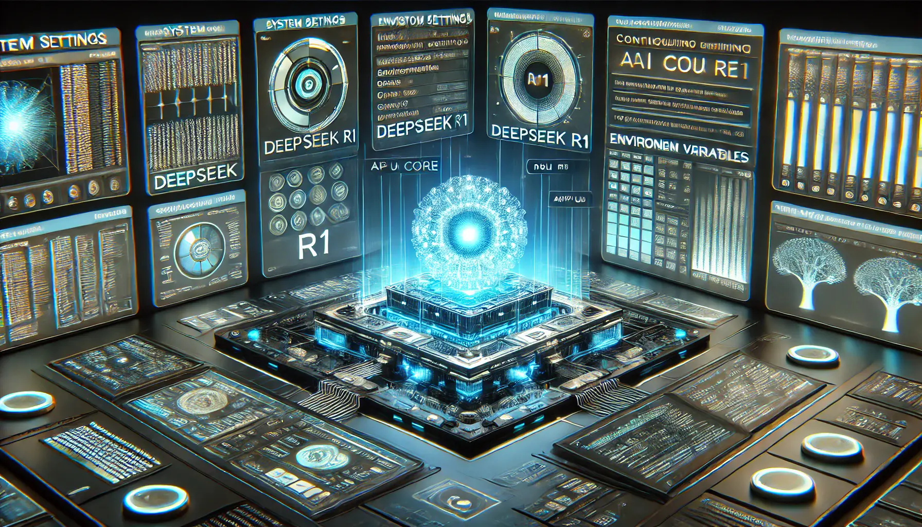 A futuristic development workspace featuring a high-tech control center with multiple holographic displays showing system settings, environment variables, and resource allocation. A glowing AI core represents DeepSeek R1, surrounded by digital workflows optimizing CPU, GPU, and memory usage.