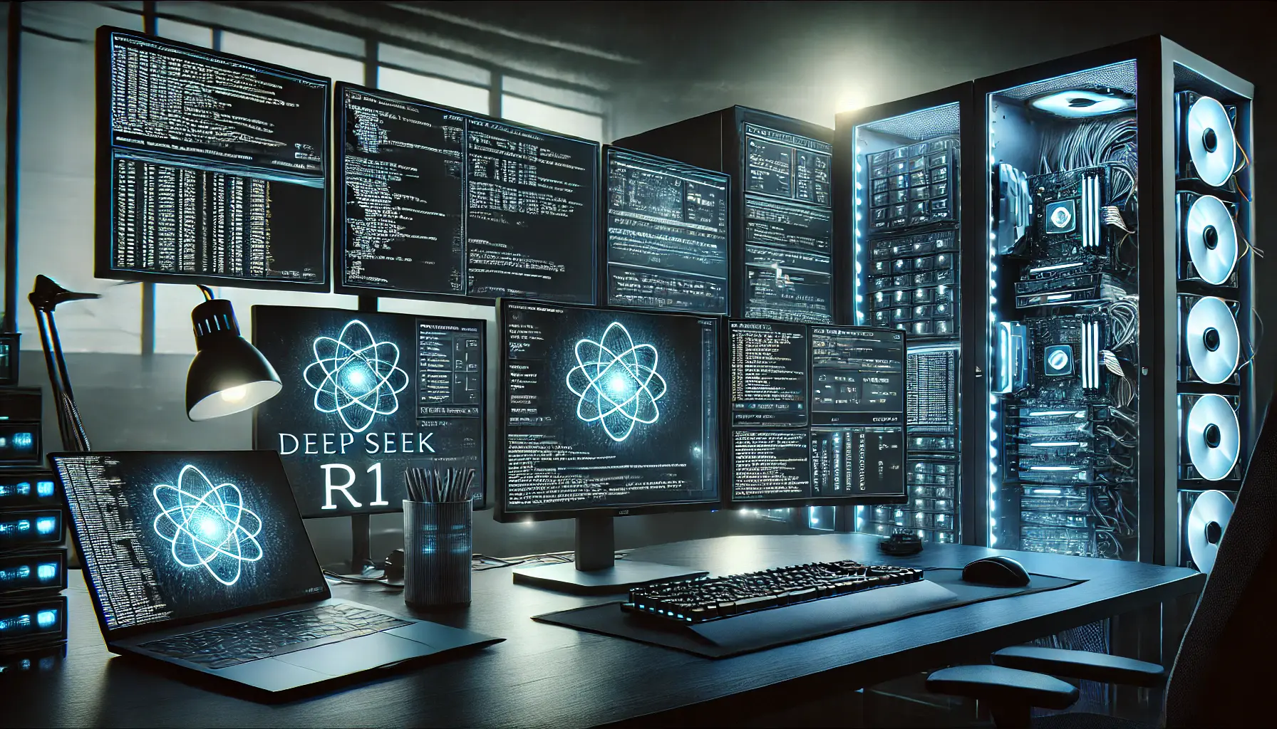 A futuristic AI development workstation with multiple monitors displaying software configurations, terminal commands, and AI model settings.