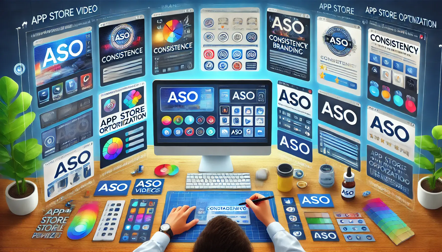 A digital illustration of a workspace with multiple app preview screens displaying consistent branding elements like logos, color schemes, and UI styles.