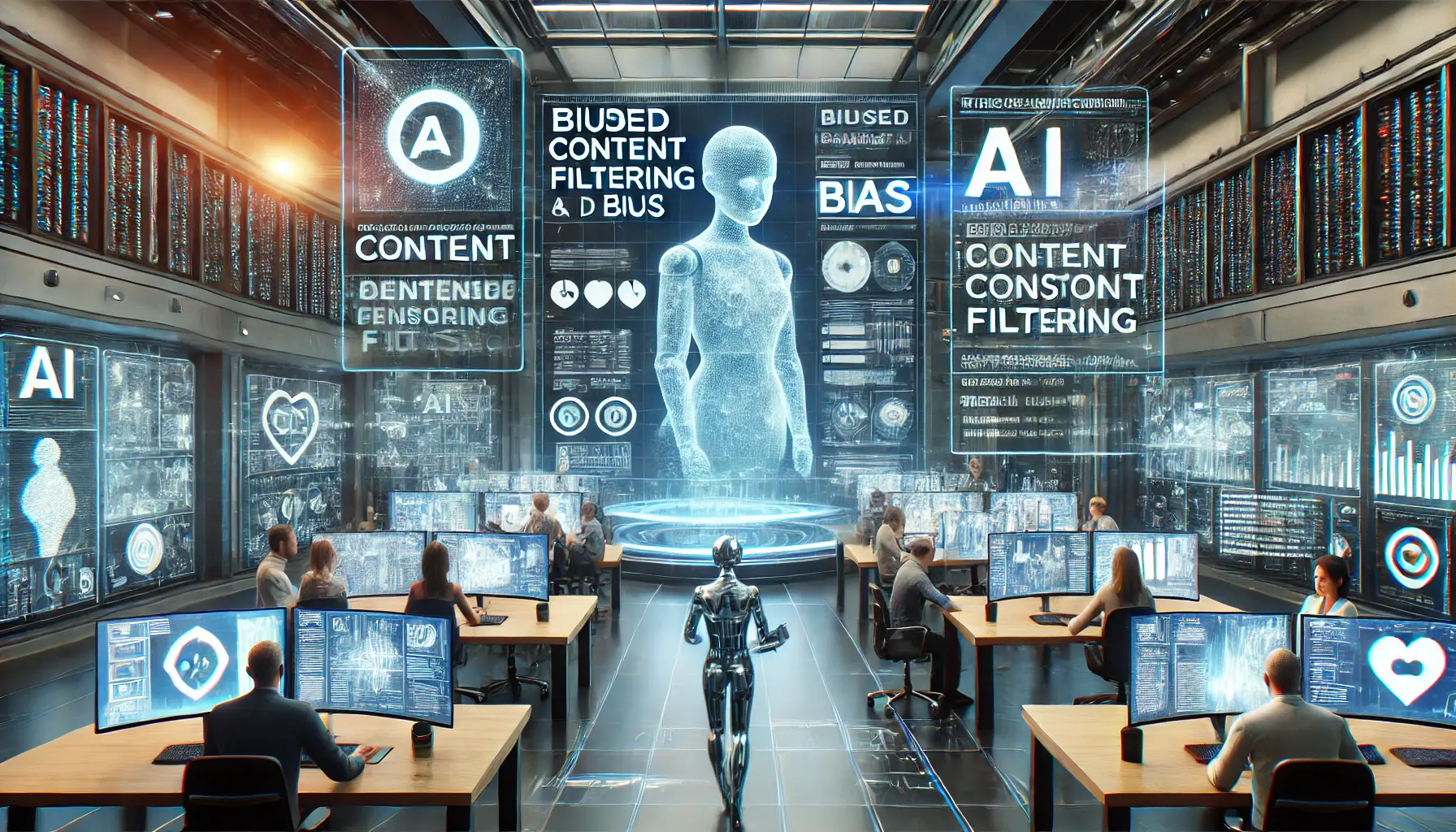 A high-tech control room with professionals monitoring AI models for content censorship and bias, with digital screens and holographic data visualizations.