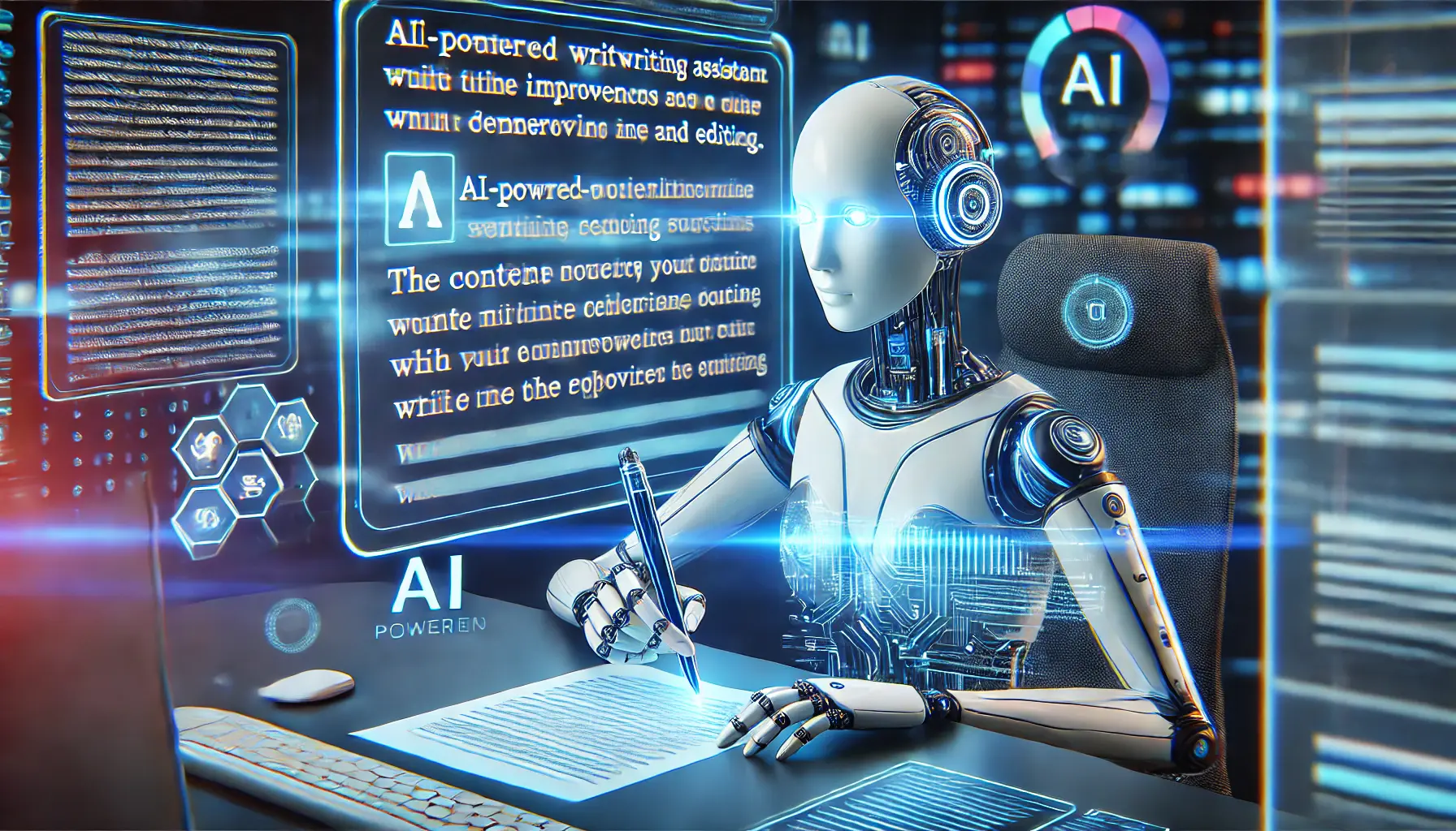 A futuristic AI system assisting with content creation and editing, with holographic interfaces displaying text being drafted and refined.