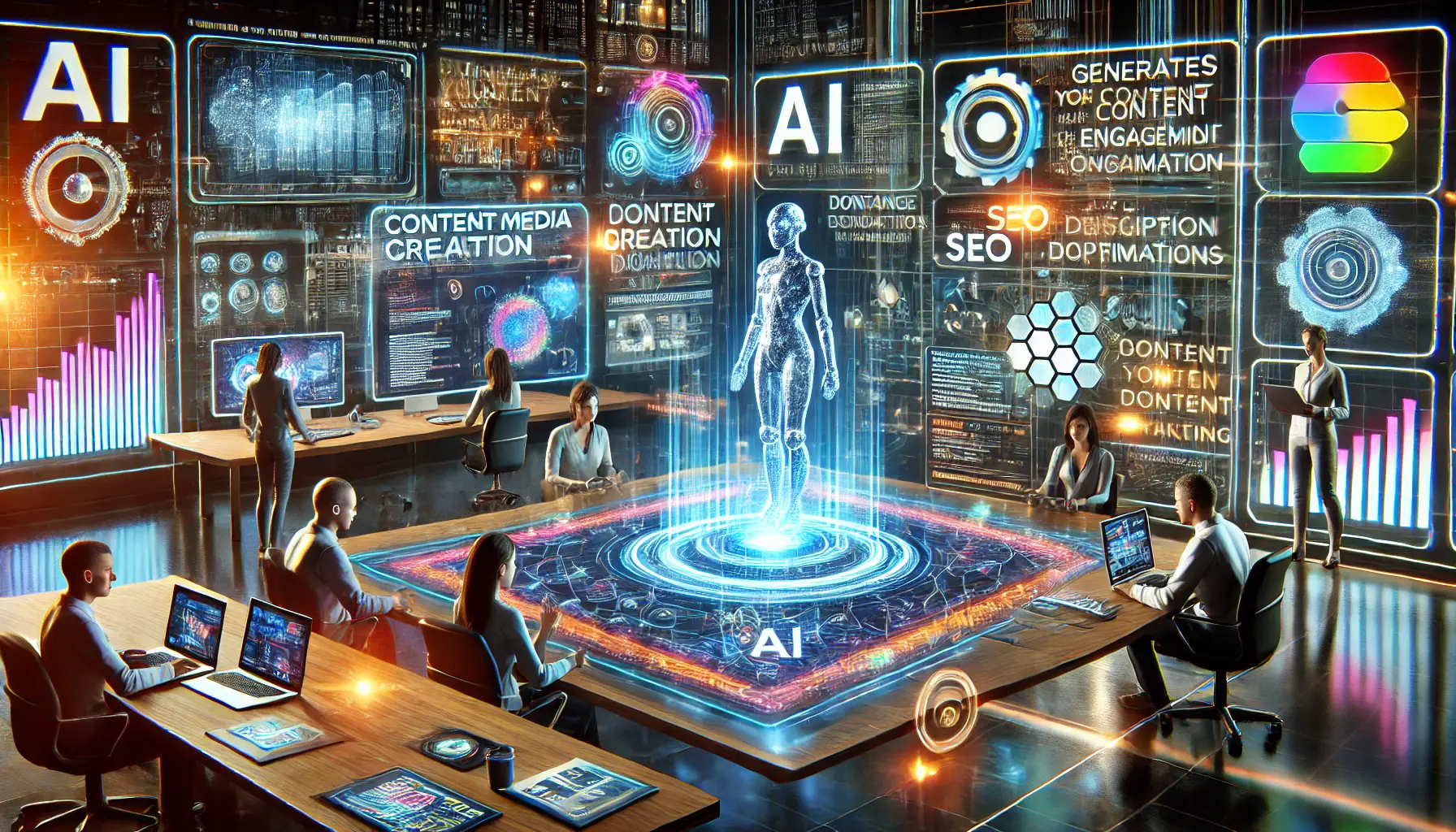 A futuristic digital workspace with holographic displays showcasing AI tools for content creation, such as social media posts, blog articles, and product descriptions. Marketers interact with AI systems that generate and analyze content for SEO optimization.