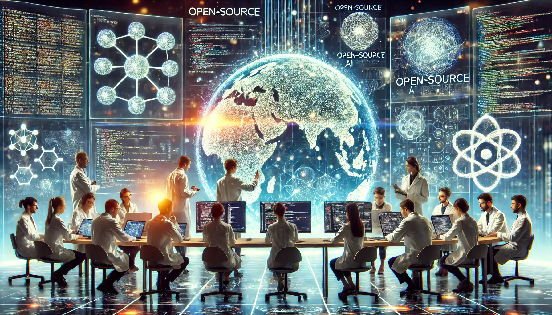 A collaborative open-source AI development environment with scientists and engineers interacting with holographic displays of AI models and open-source code. A glowing globe represents the global AI research community, with neural network visualizations in the background.