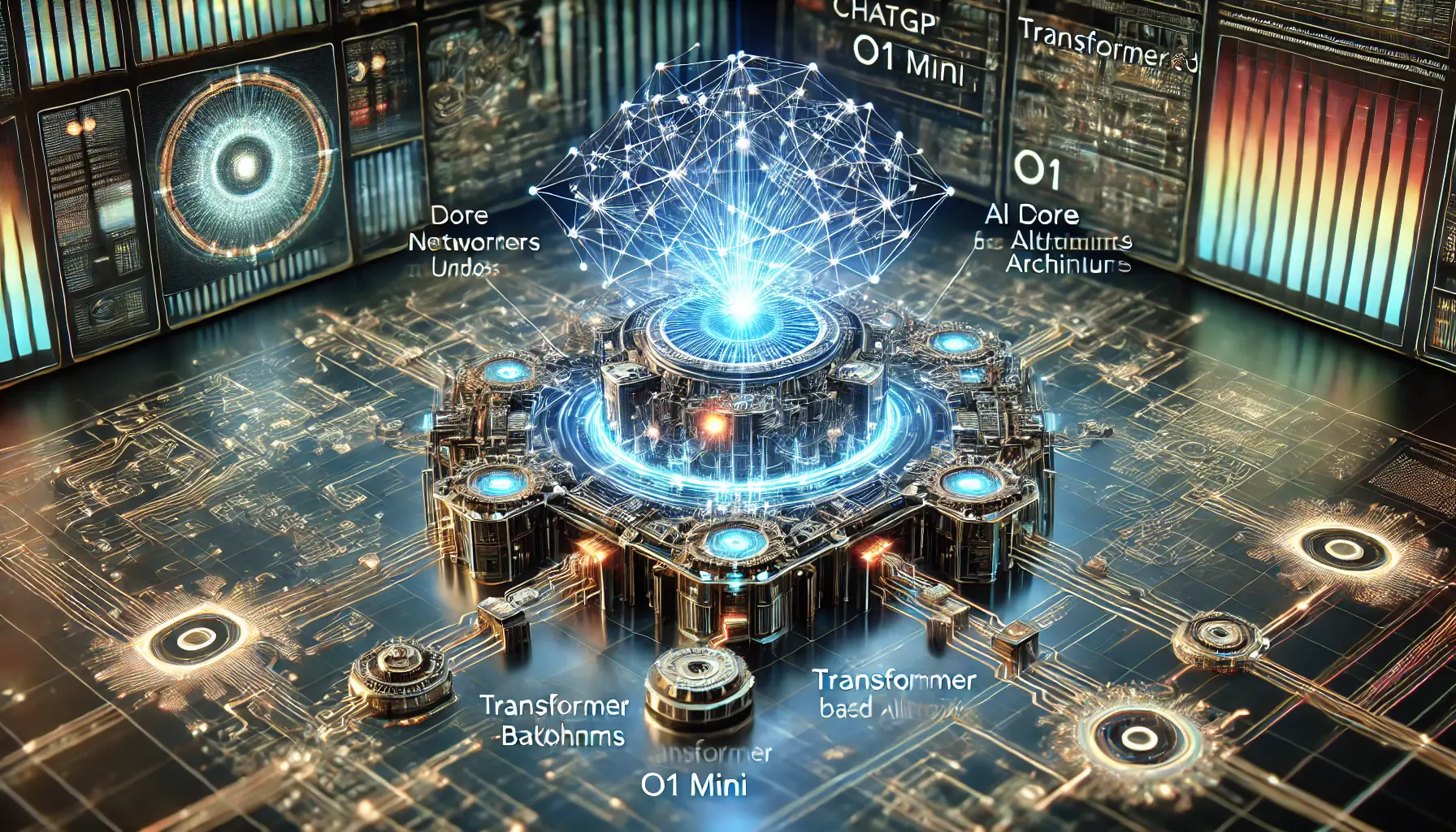 A futuristic visualization of AI architecture with a glowing neural network structure, interconnected nodes, and data flows, highlighting the core components of an AI model.