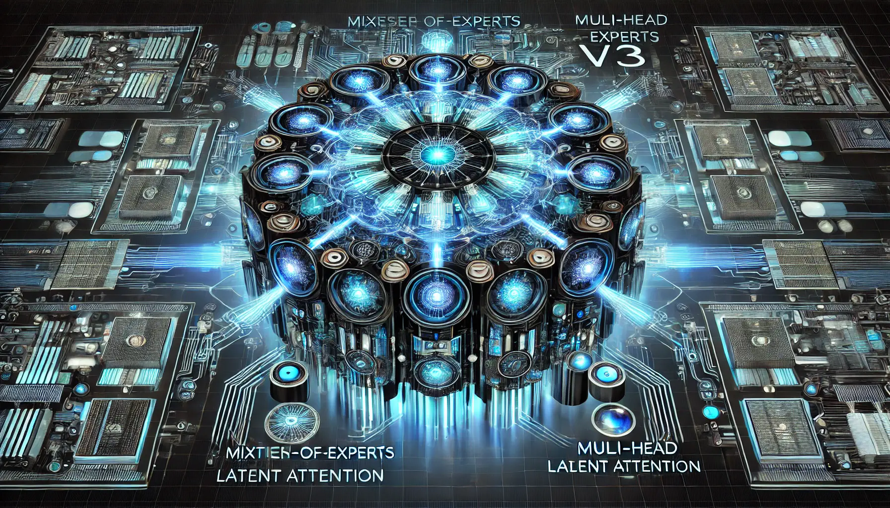 A futuristic visualization of an AI processing system with interconnected modules representing the Mixture-of-Experts framework, Multi-Head Latent Attention, and load balancing strategies.