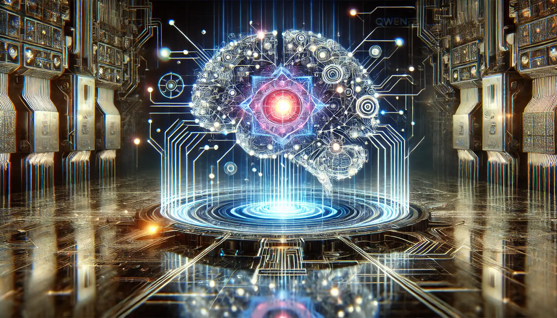 A futuristic digital representation of an AI architecture framework, illustrating interconnected neural networks and deep learning layers.