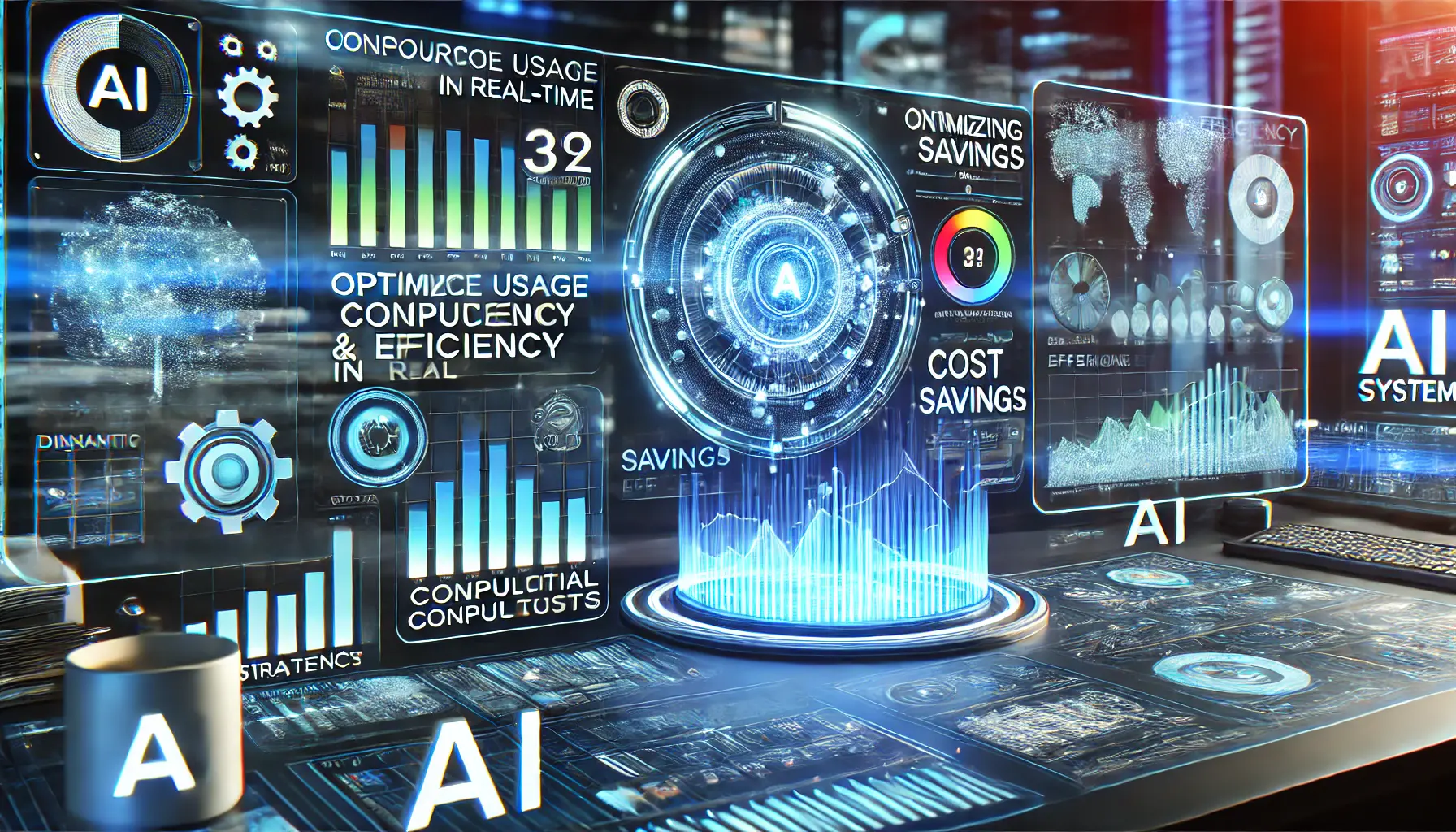 A futuristic AI system analyzing resource usage, computational costs, and energy efficiency with dynamic data visualizations and graphs.