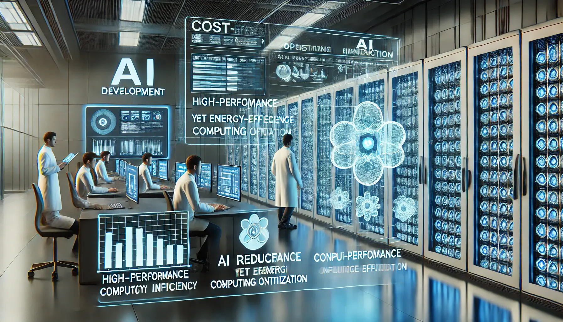 A futuristic AI development center where researchers optimize AI models on energy-efficient computing clusters with holographic cost reduction analytics.